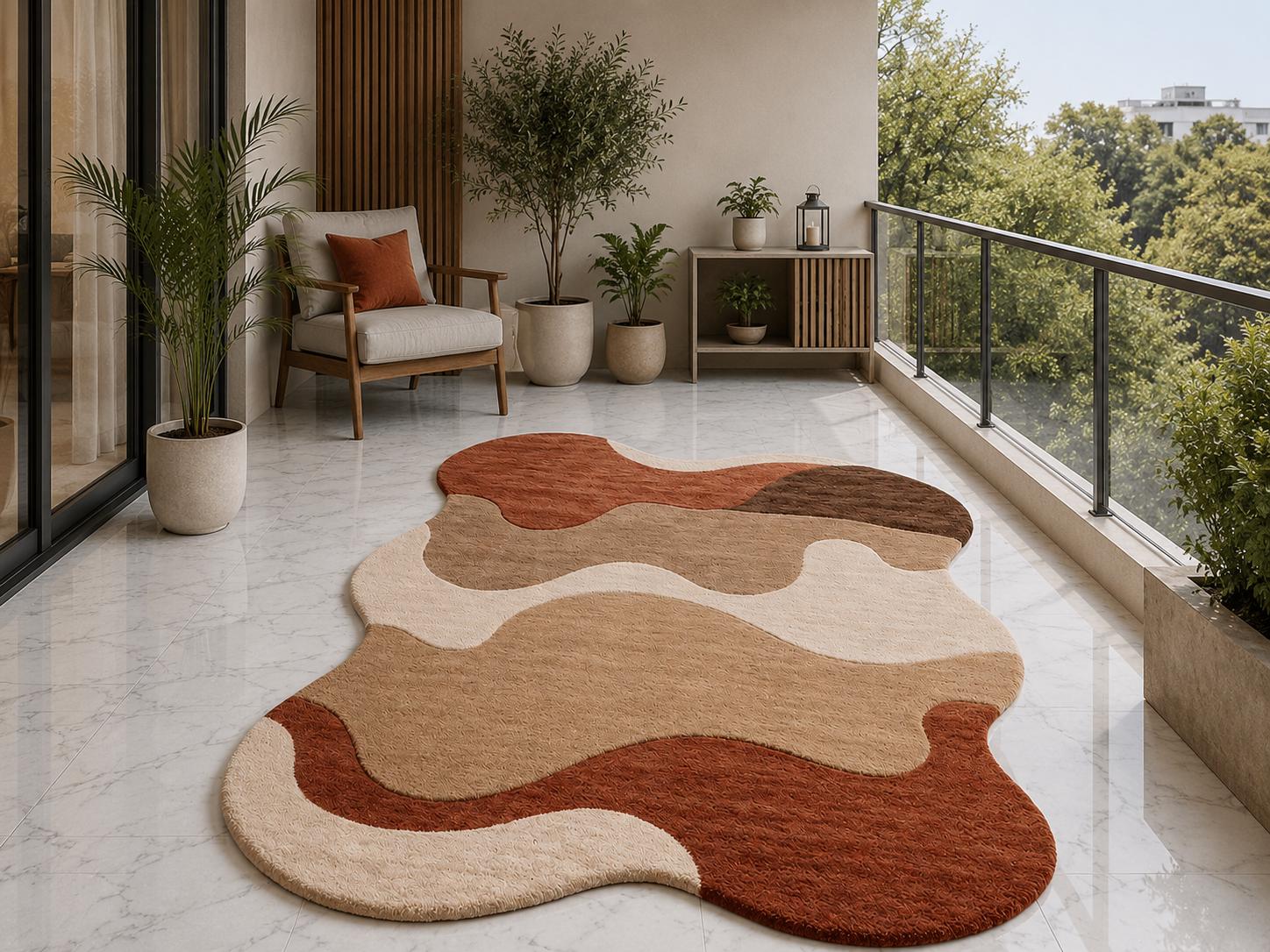 Abstract Blue Terracotta Wavy Tufted Rug